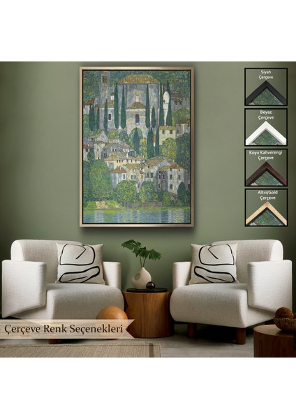 Çerçeveli Dekoratif Kanvas Tablo, Gustav Klimt - Cassonedeki Kilise Selvili Manzara TABLOSU-8095