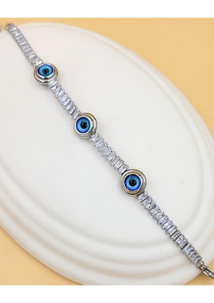 Baget Taşlı Nazar Boncuklu Çelik Bileklik