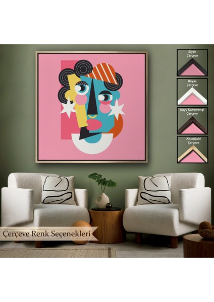 Çerçeveli Dekoratif Kanvas Tablo, Pembe Renkli Soyut Kadın Portre TABLOSU-8306