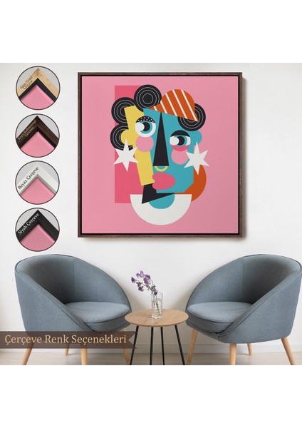 Çerçeveli Dekoratif Kanvas Tablo, Pembe Renkli Soyut Kadın Portre TABLOSU-8306