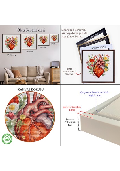 Çerçeveli Dekoratif Kanvas Tablo, Çiçeklerle Çevrili Kalp Tablosu - Doktor HEDIYESI-8326 indirimleri