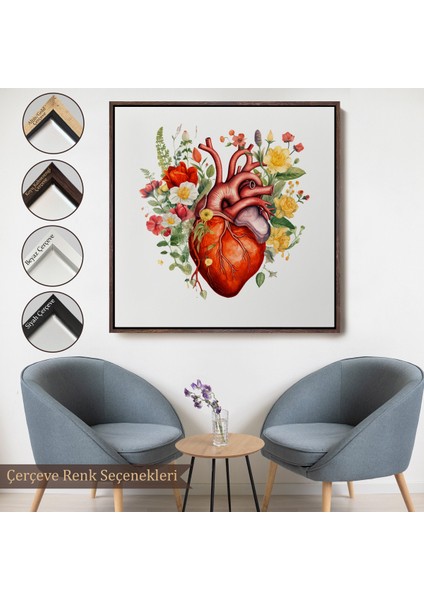 Çerçeveli Dekoratif Kanvas Tablo, Çiçeklerle Çevrili Kalp Tablosu - Doktor HEDIYESI-8326