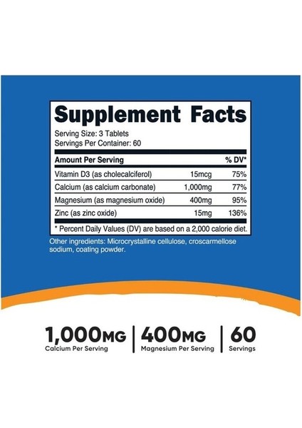 Calcium Magnezyum & Zinc - 1000MG Calcium - 400 Mg Magnezyum - 60 Servis 180 Kapsül.usa Menş fiyatları