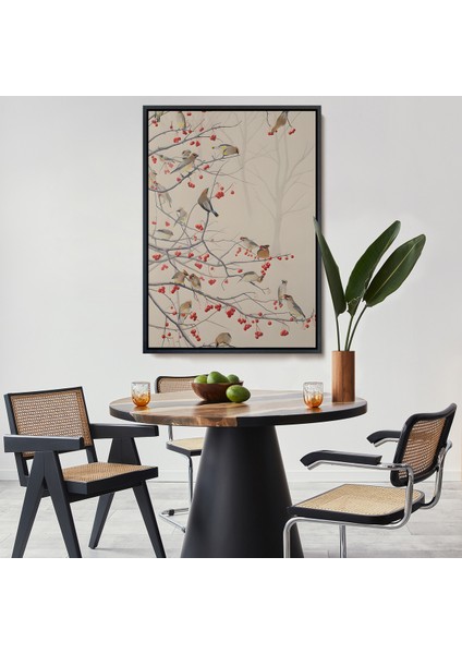 Çerçeveli Dekoratif Kanvas Tablo, Kuşburnu Ağacındaki Kuşlar TABLOSU-8042