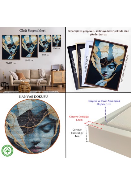 Çerçeveli Dekoratif Kanvas Tablo, Kadın Yüzü Illüstrasyon TABLO-8020 indirimleri