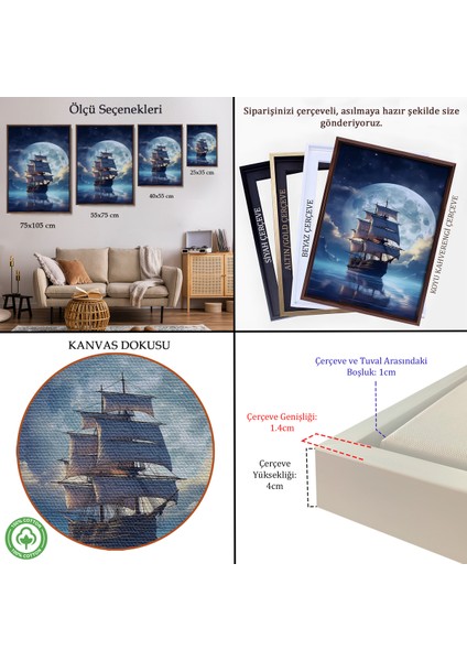 Çerçeveli Dekoratif Kanvas Tablo, Gece Denizdeki Yelkenli TABLOSU-7933 indirimleri