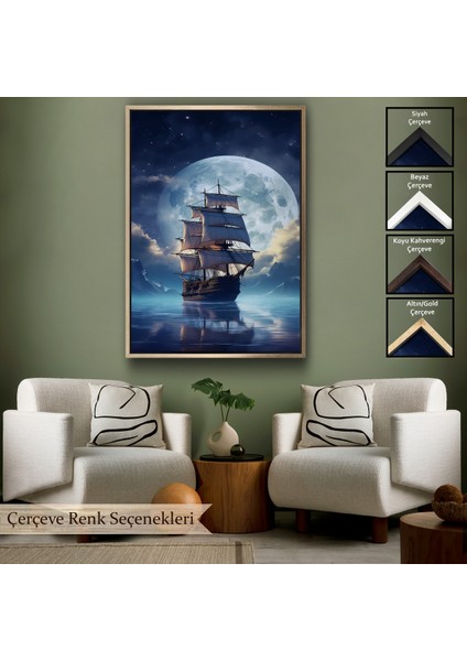 Çerçeveli Dekoratif Kanvas Tablo, Gece Denizdeki Yelkenli TABLOSU-7933