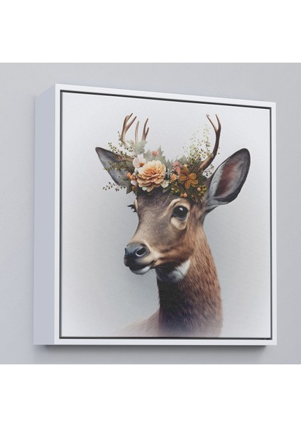 Çerçeveli Dekoratif Kanvas Tablo, Çiçek Taçlı Geyik Portre TABLOSU-8355