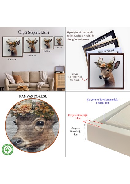 Çerçeveli Dekoratif Kanvas Tablo, Çiçek Taçlı Geyik Portre TABLOSU-8355 indirimleri