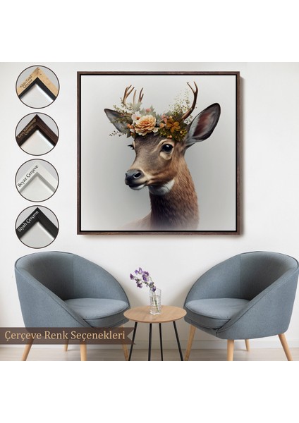Çerçeveli Dekoratif Kanvas Tablo, Çiçek Taçlı Geyik Portre TABLOSU-8355