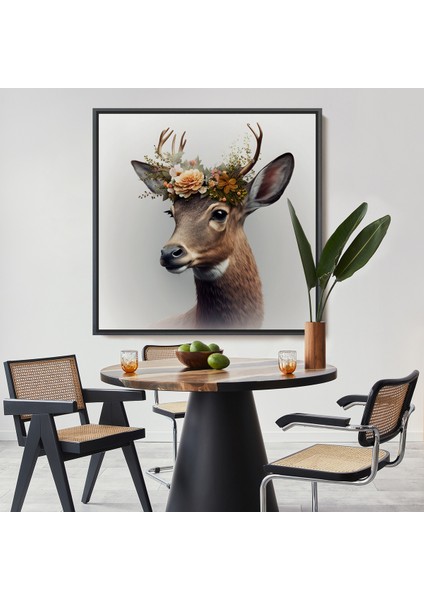 Çerçeveli Dekoratif Kanvas Tablo, Çiçek Taçlı Geyik Portre TABLOSU-8355