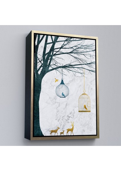 Çerçeveli Dekoratif Kanvas Tablo, Geyikler ve Kafesteki Kuşlar TABLOSU-7918 fiyatları