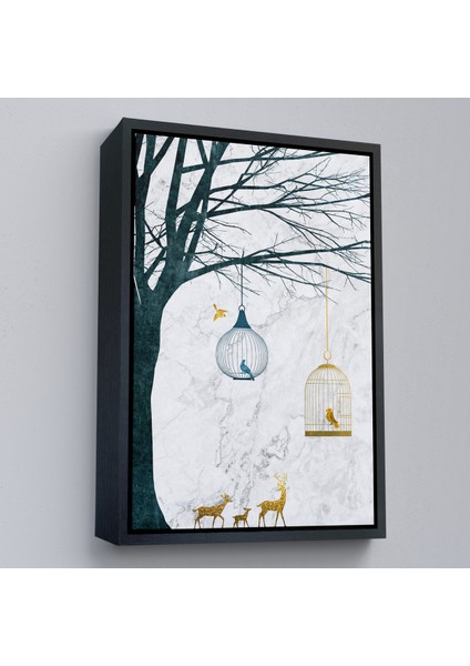 Çerçeveli Dekoratif Kanvas Tablo, Geyikler ve Kafesteki Kuşlar TABLOSU-7918 modelleri