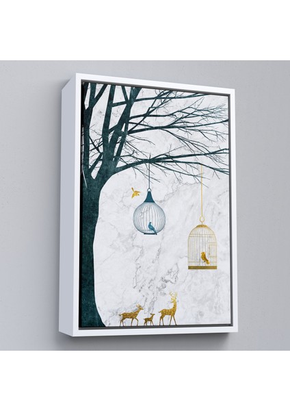 Çerçeveli Dekoratif Kanvas Tablo, Geyikler ve Kafesteki Kuşlar TABLOSU-7918 fırsatları