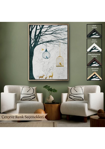 Çerçeveli Dekoratif Kanvas Tablo, Geyikler ve Kafesteki Kuşlar TABLOSU-7918