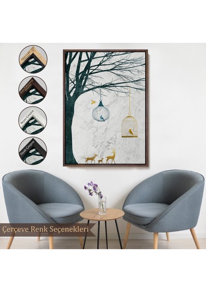Çerçeveli Dekoratif Kanvas Tablo, Geyikler ve Kafesteki Kuşlar TABLOSU-7918