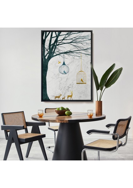 Çerçeveli Dekoratif Kanvas Tablo, Geyikler ve Kafesteki Kuşlar TABLOSU-7918
