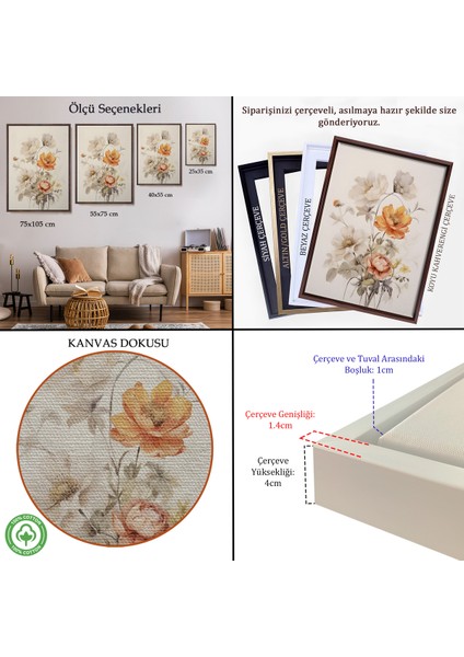 Çerçeveli Dekoratif Kanvas Tablo, Soft Çiçekler TABLO-8035 indirimleri