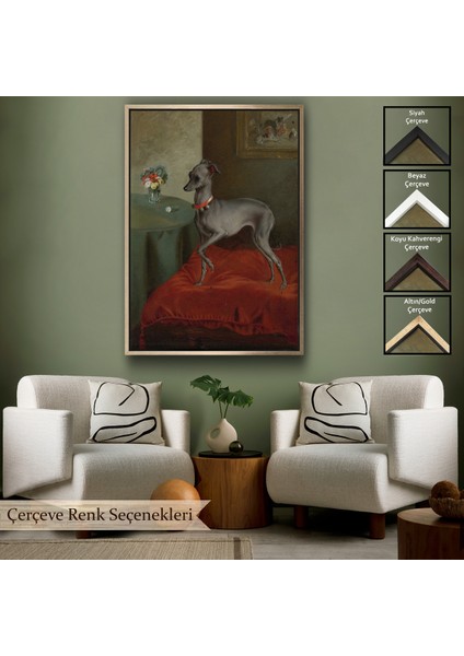 Çerçeveli Dekoratif Kanvas Tablo, Kırmızı Yastık Üzerinde Bir Italyan Tazısı TABLO-8061