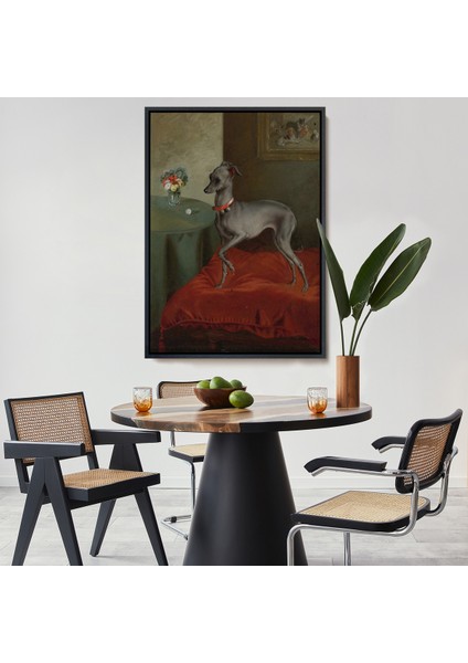 Çerçeveli Dekoratif Kanvas Tablo, Kırmızı Yastık Üzerinde Bir Italyan Tazısı TABLO-8061