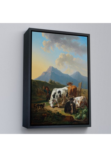 Çerçeveli Dekoratif Kanvas Tablo, Johann Dallinger - Boğa ve Inekleriyle Genç Çiftçi Tablosu - 8077