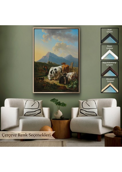 Çerçeveli Dekoratif Kanvas Tablo, Johann Dallinger - Boğa ve Inekleriyle Genç Çiftçi Tablosu - 8077