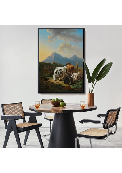 Çerçeveli Dekoratif Kanvas Tablo, Johann Dallinger - Boğa ve Inekleriyle Genç Çiftçi Tablosu - 8077