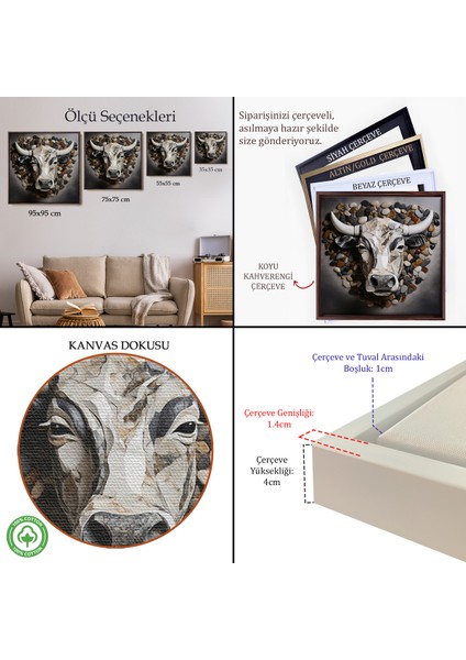 Çerçeveli Dekoratif Kanvas Tablo, Taşlar ile Yapılmış Inek Yüzü TABLOSU-8335 indirimleri