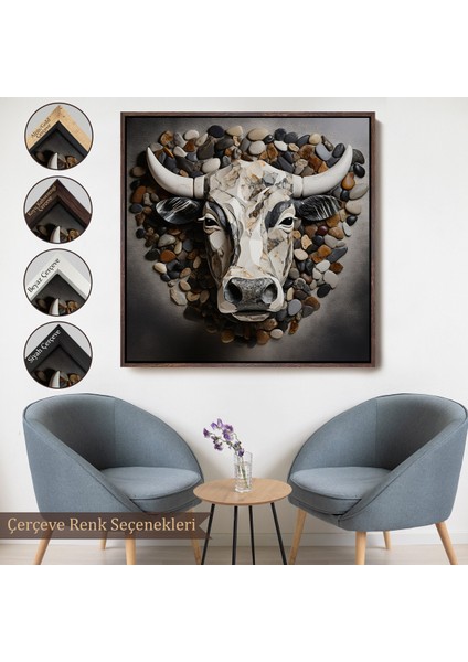 Çerçeveli Dekoratif Kanvas Tablo, Taşlar ile Yapılmış Inek Yüzü TABLOSU-8335