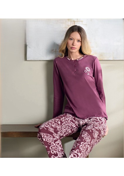 Battal Bordo Uzun Kollu Pijama Takım 3124