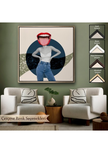 Çerçeveli Dekoratif Kanvas Tablo, Kot Pantolonlu Gülümseyen Kadın TABLOSU-8366