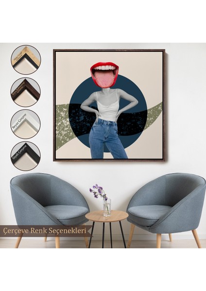 Çerçeveli Dekoratif Kanvas Tablo, Kot Pantolonlu Gülümseyen Kadın TABLOSU-8366