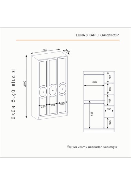 Luna 3 Kapaklı Bazalı Gardırop Tamamı Mdf fırsatları