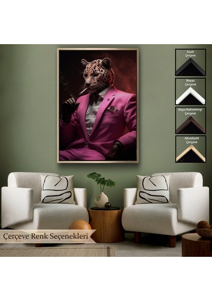 Çerçeveli Dekoratif Kanvas Tablo, Sgara Içen Pembe Leopar TABLO-7974