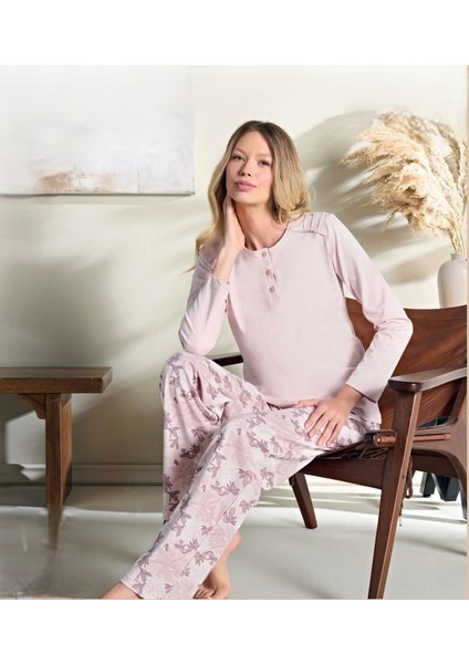 Battal Pudra Uzun Kollu Pijama Takım 3109