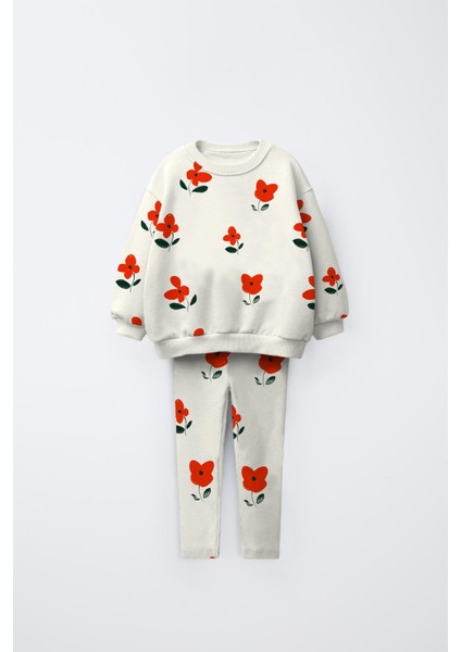 Kız Çocuk Pamuklu Ekru Kırmızı Çiçek Desenli Sweatshirt ve Tayt Takım - Günlük Konforlu Stil
