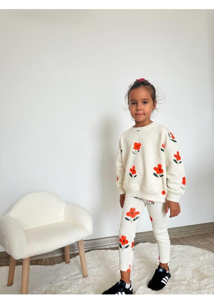 Kız Çocuk Pamuklu Ekru Kırmızı Çiçek Desenli Sweatshirt ve Tayt Takım - Günlük Konforlu Stil