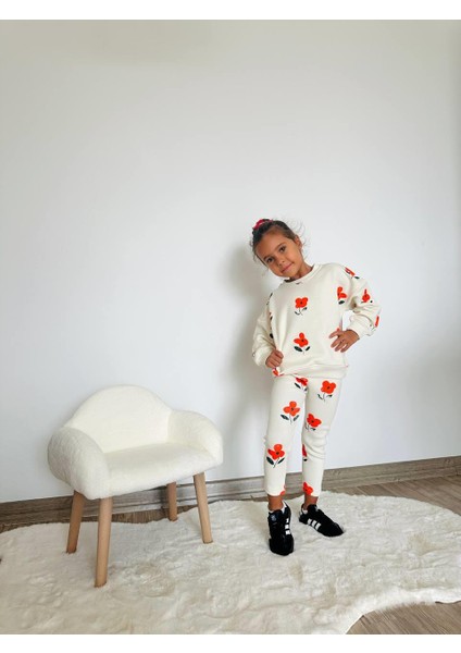 Kız Çocuk Pamuklu Ekru Kırmızı Çiçek Desenli Sweatshirt ve Tayt Takım - Günlük Konforlu Stil