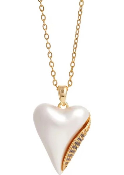 Sedefli Zirkon Taşlı Çelik Kalp Kolye