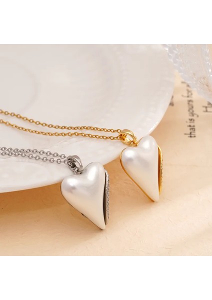 Sedefli Zirkon Taşlı Çelik Kalp Kolye fiyatları