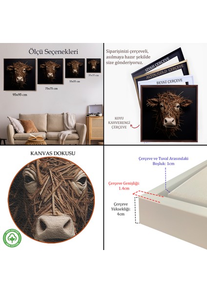 Çerçeveli Dekoratif Kanvas Tablo, Dallardan Yapılmış Inek Yüzü TABLOSU-8334 indirimleri