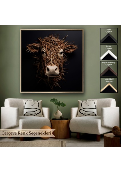 Çerçeveli Dekoratif Kanvas Tablo, Dallardan Yapılmış Inek Yüzü TABLOSU-8334