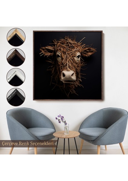 Çerçeveli Dekoratif Kanvas Tablo, Dallardan Yapılmış Inek Yüzü TABLOSU-8334
