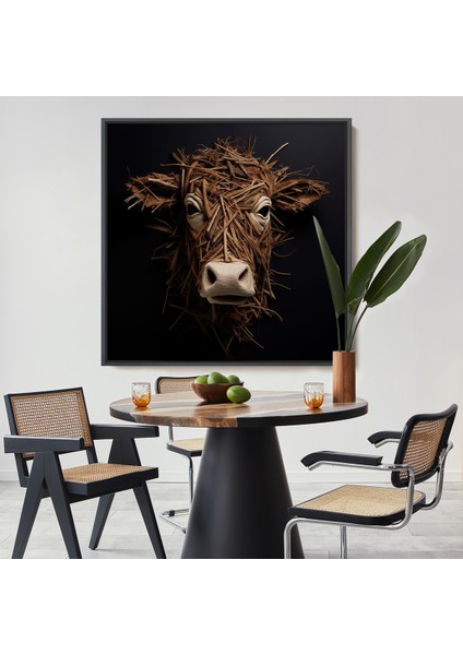 Çerçeveli Dekoratif Kanvas Tablo, Dallardan Yapılmış Inek Yüzü TABLOSU-8334