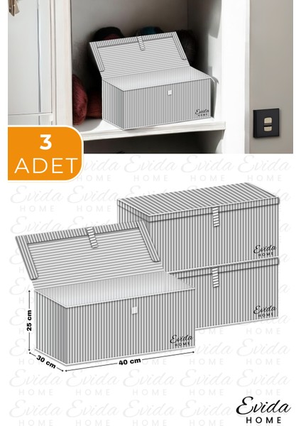 Gri Çizgili Çok Amaçlı Saklama Kutusu, Organizer, 3'lü Set, 40X30X25 modelleri