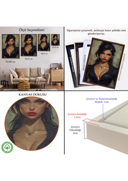 Çerçeveli Dekoratif Kanvas Tablo, Yağlıboya Görünümlü Esmer Güzel Kadın TABLOSU-7741 indirimleri