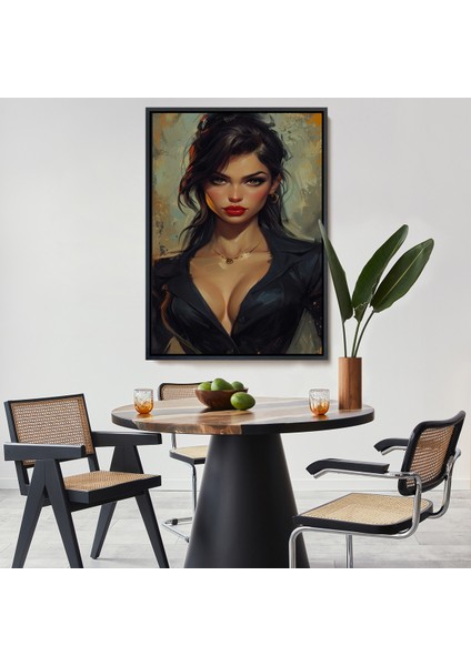 Çerçeveli Dekoratif Kanvas Tablo, Yağlıboya Görünümlü Esmer Güzel Kadın TABLOSU-7741