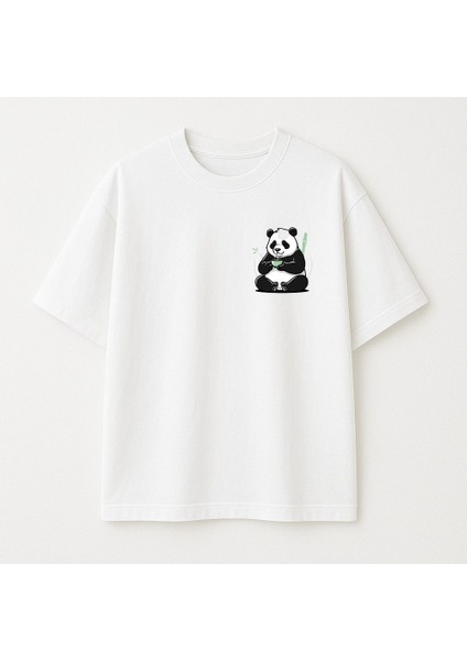 Küçük Panda Baskılı Unisex Bisiklet Yaka Pamuk Oversize T-Shirt