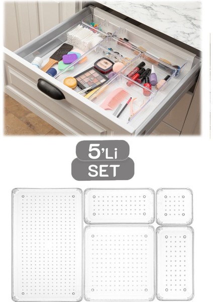 Beyaz 5 Parça Çekmece Içi Modüler Düzenleyici, Makyaj ve Takı Organizer