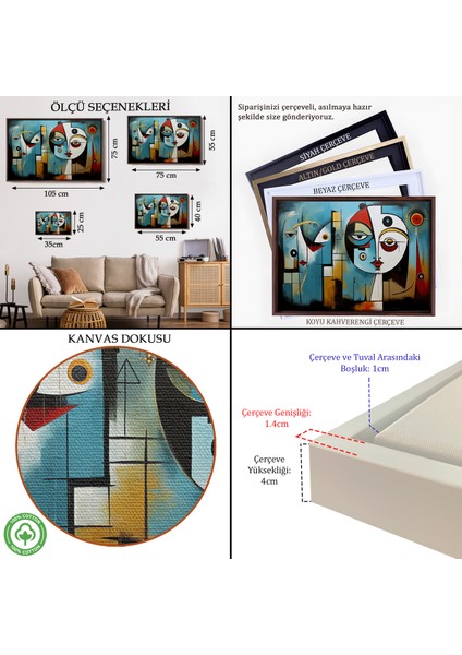 Çerçeveli Dekoratif Kanvas Tablo, Renkli Soyut Yüzler TABLOSU-7233 indirimleri